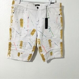 GS115 Mens Paint Splatter White Denim Shorts NWT Size 36 Stretch Streetwear